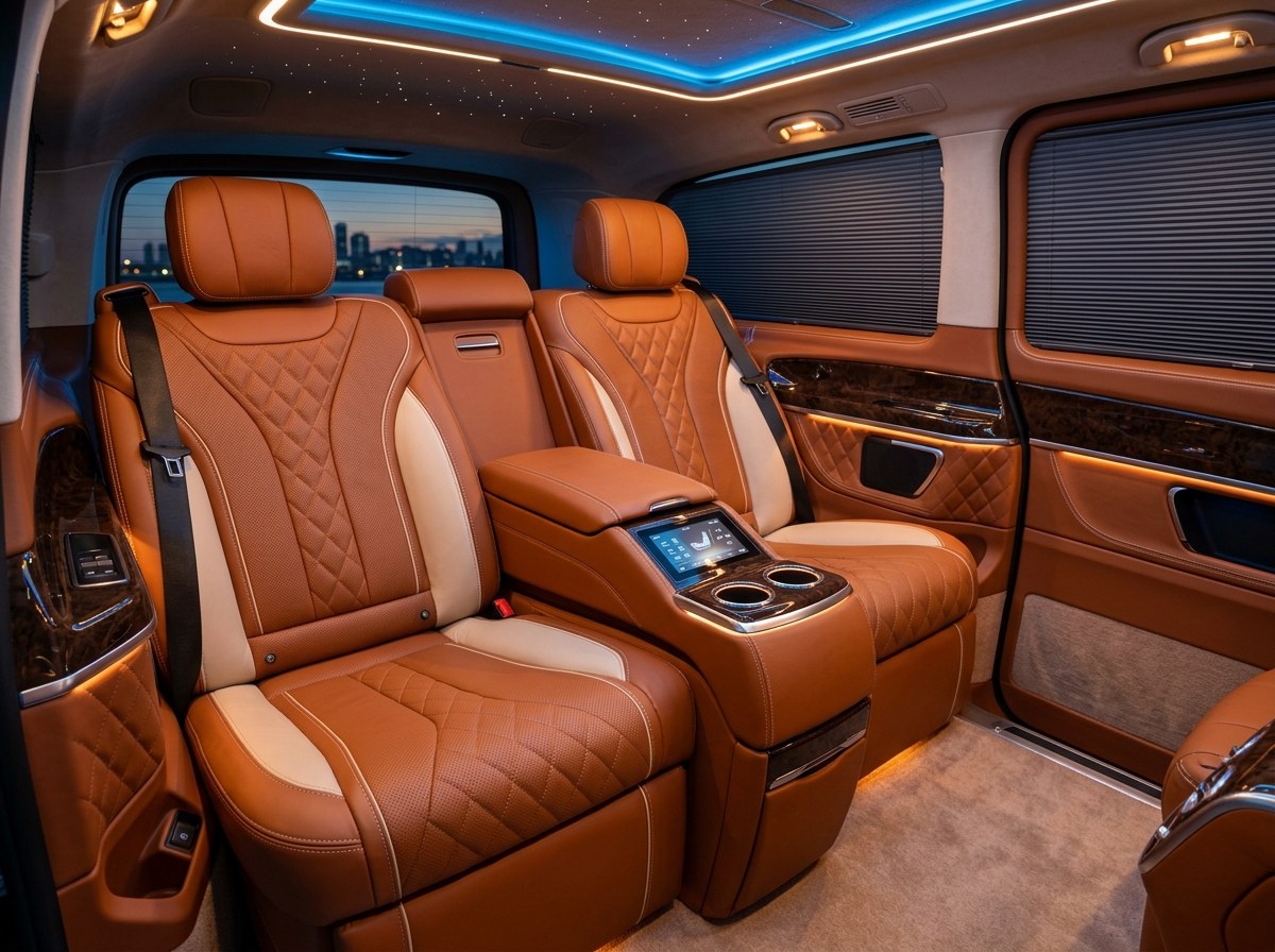 Băng ba Limousine Sofa giường chỉnh điện ngả 180 độ tích hợp bệ tỳ tay cảm ứng trung tâm